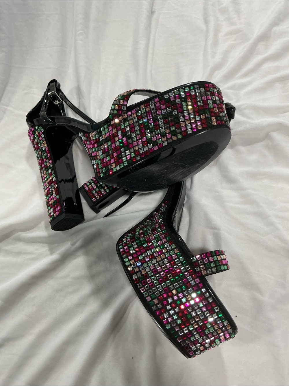 Fashion Nova Black Platform Heels with Multicolor Gem Accents